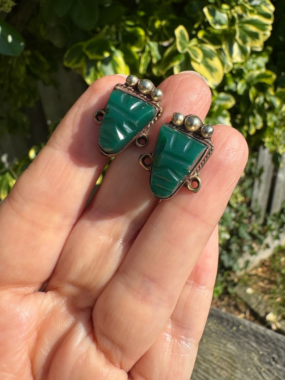 Vintage Taxco Sterling Green Carved Stone Screw Back Earrings - Mayan Mask